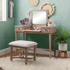 Ensemble de coiffeuse Cyndi en bois lavé traditionnel avec tabouret et rangement, siège rembourré beige - Linon