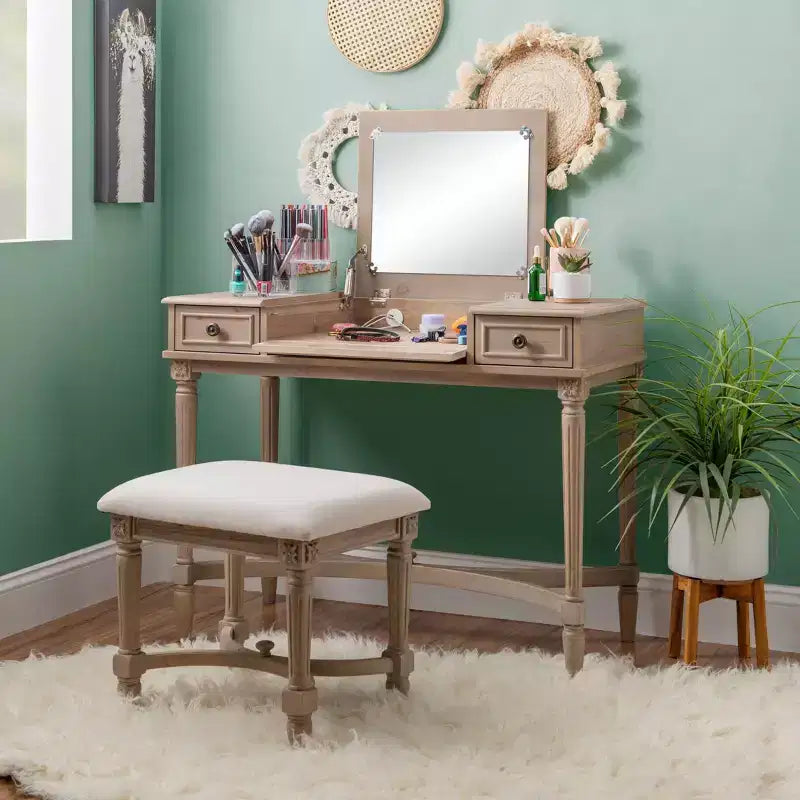 Ensemble de coiffeuse Cyndi en bois lavé traditionnel avec tabouret et rangement, siège rembourré beige - Linon