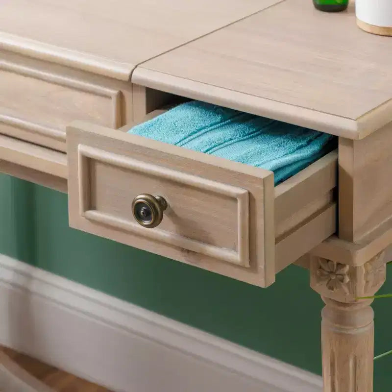 Ensemble de coiffeuse Cyndi en bois lavé traditionnel avec tabouret et rangement, siège rembourré beige - Linon