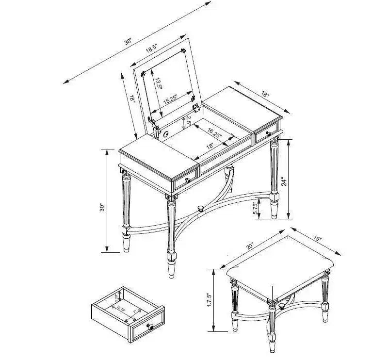 Ensemble de coiffeuse Cyndi en bois lavé traditionnel avec tabouret et rangement, siège rembourré beige - Linon