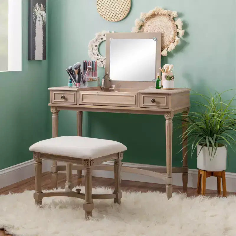 Ensemble de coiffeuse Cyndi en bois lavé traditionnel avec tabouret et rangement, siège rembourré beige - Linon