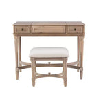 Ensemble de coiffeuse Cyndi en bois lavé traditionnel avec tabouret et rangement, siège rembourré beige - Linon