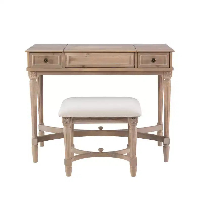 Ensemble de coiffeuse Cyndi en bois lavé traditionnel avec tabouret et rangement, siège rembourré beige - Linon
