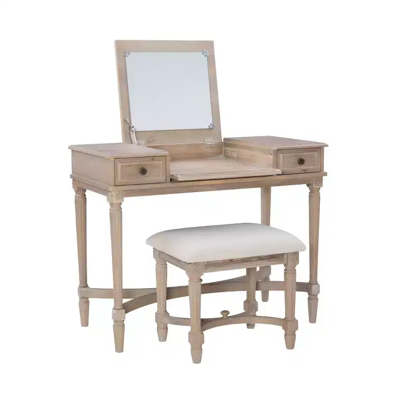 Ensemble de coiffeuse Cyndi en bois lavé traditionnel avec tabouret et rangement, siège rembourré beige - Linon