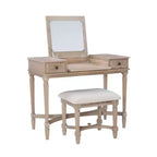 Ensemble de coiffeuse Cyndi en bois lavé traditionnel avec tabouret et rangement, siège rembourré beige - Linon