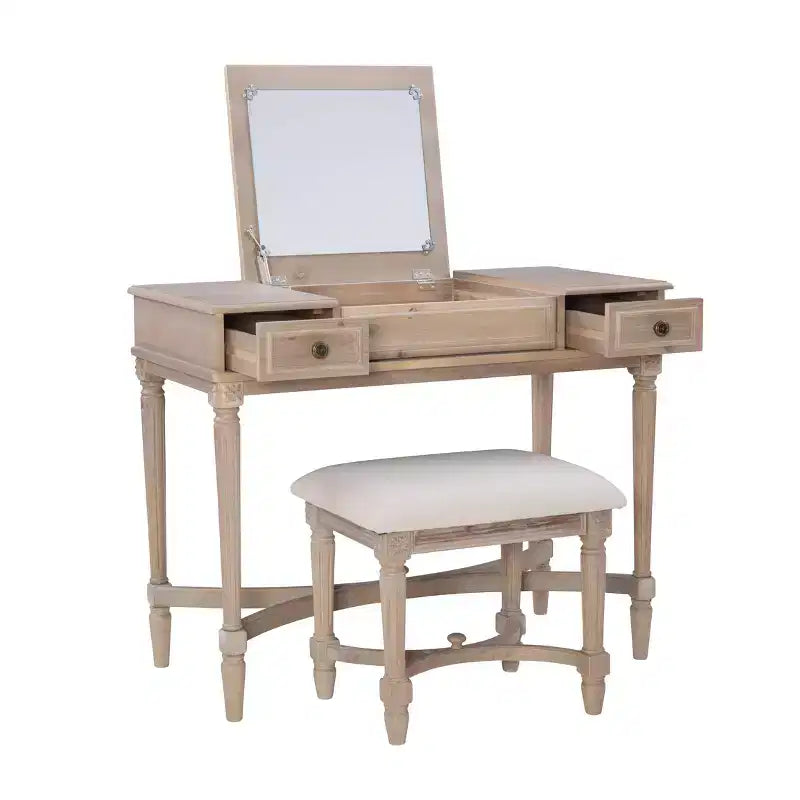 Ensemble de coiffeuse Cyndi en bois lavé traditionnel avec tabouret et rangement, siège rembourré beige - Linon
