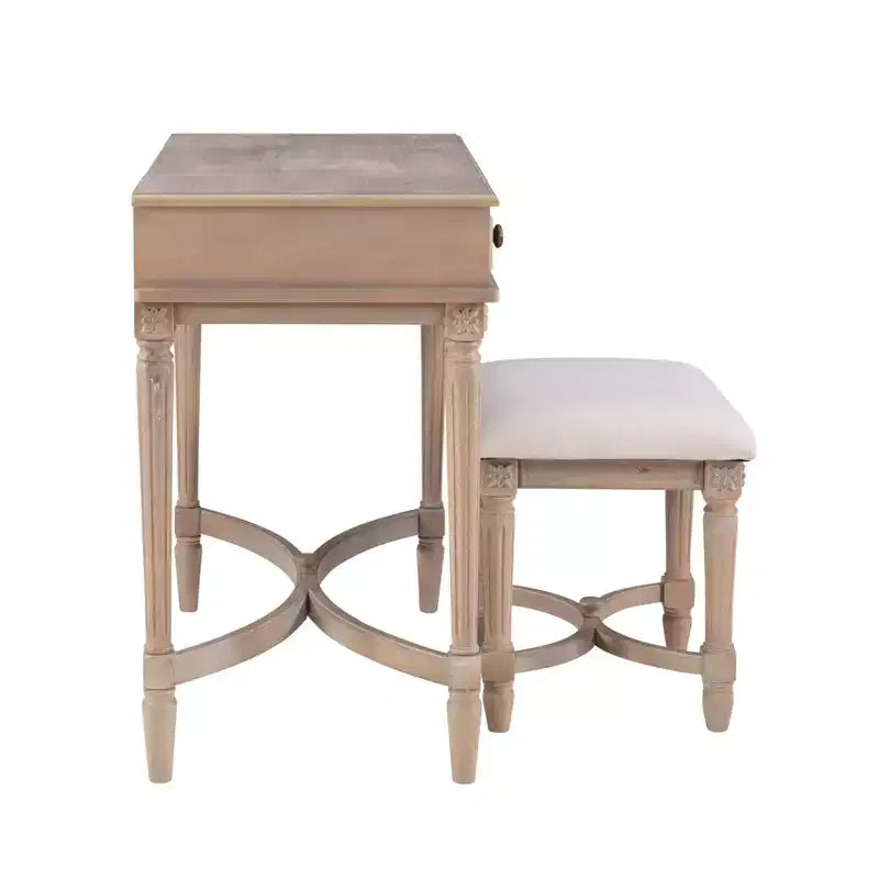 Ensemble de coiffeuse Cyndi en bois lavé traditionnel avec tabouret et rangement, siège rembourré beige - Linon