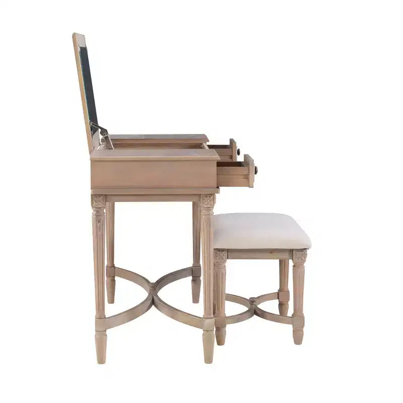 Ensemble de coiffeuse Cyndi en bois lavé traditionnel avec tabouret et rangement, siège rembourré beige - Linon