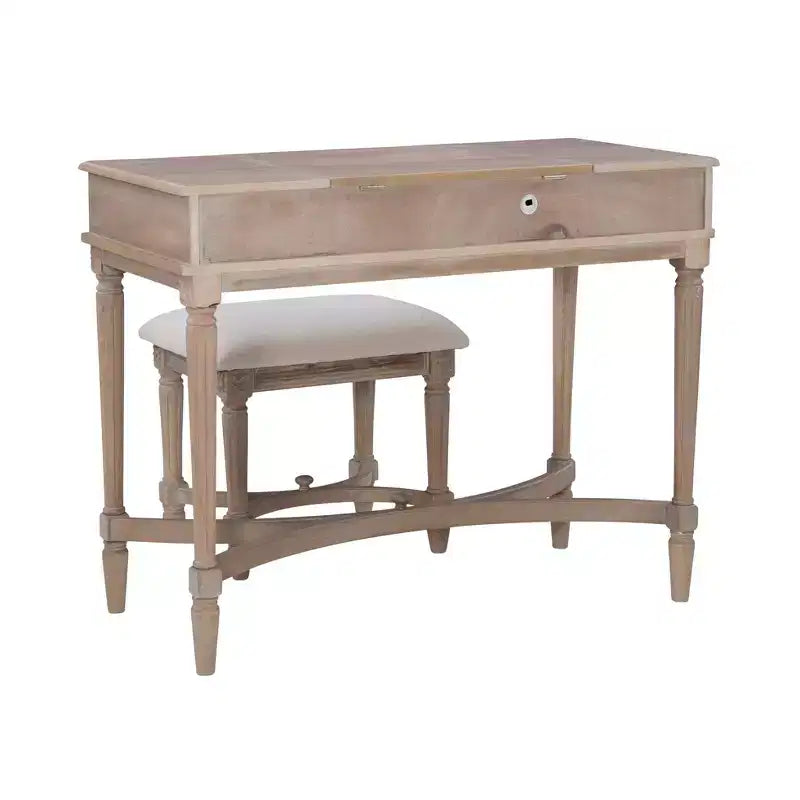 Ensemble de coiffeuse Cyndi en bois lavé traditionnel avec tabouret et rangement, siège rembourré beige - Linon