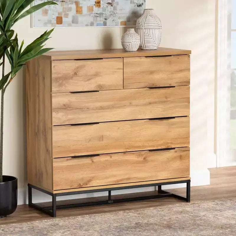 Baxton Studio Franklin Wood and Metal 5 Drawer Bedroom Chest Oak/Black: Vertical Storage, Modern Design