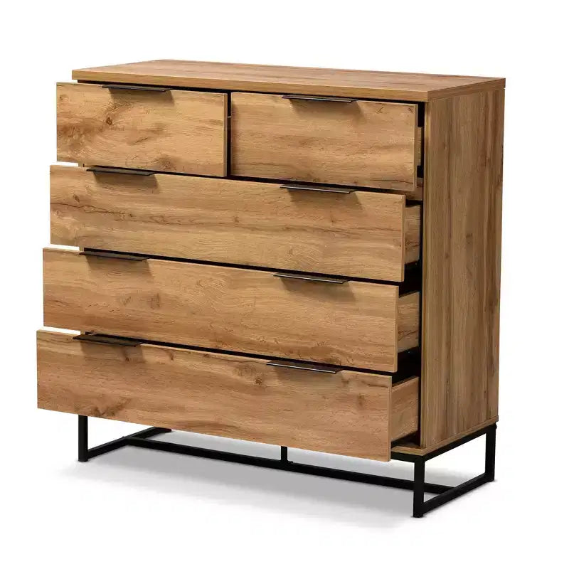 Commode de chambre Baxton Studio Franklin en bois et métal, 5 tiroirs, Chêne/Noir : Rangement vertical, Design moderne