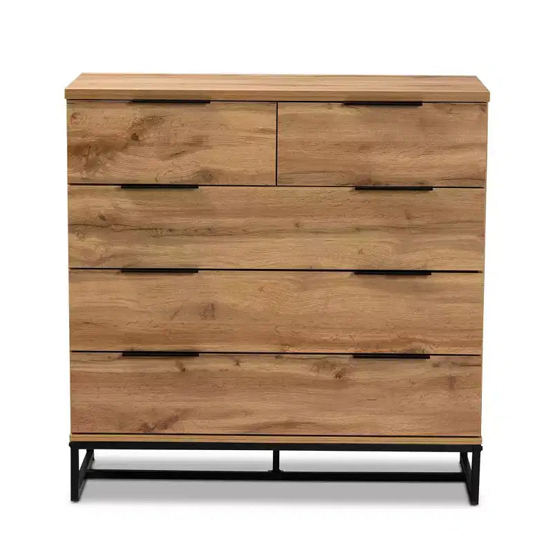 Commode de chambre Baxton Studio Franklin en bois et métal, 5 tiroirs, Chêne/Noir : Rangement vertical, Design moderne