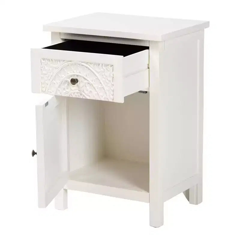 Table de chevet Lambert Wood 1 tiroir blanche - Baxton Studio : Rangement traditionnel avec finition antique, quincaillerie argentée métallique
