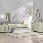 Commode Festivo contemporaine à 9 tiroirs et table de chevet à 3 tiroirs, coupe sciée blanc cassé : MDF, pieds en métal, anti-basculement