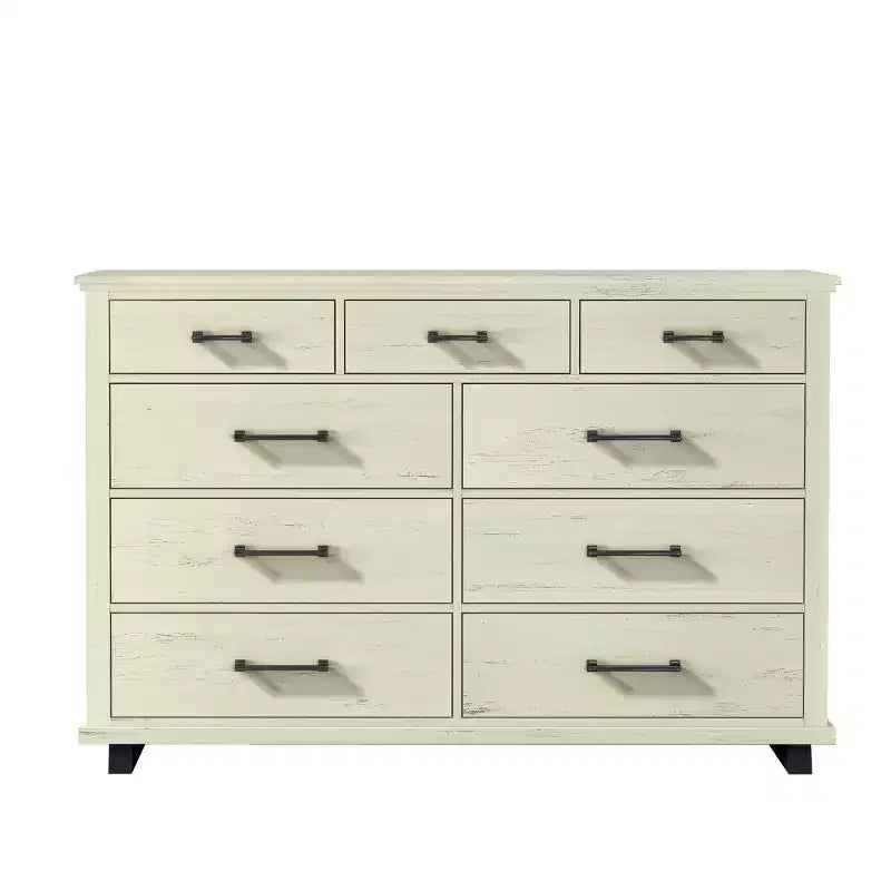 Commode Festivo contemporaine à 9 tiroirs et table de chevet à 3 tiroirs, coupe sciée blanc cassé : MDF, pieds en métal, anti-basculement