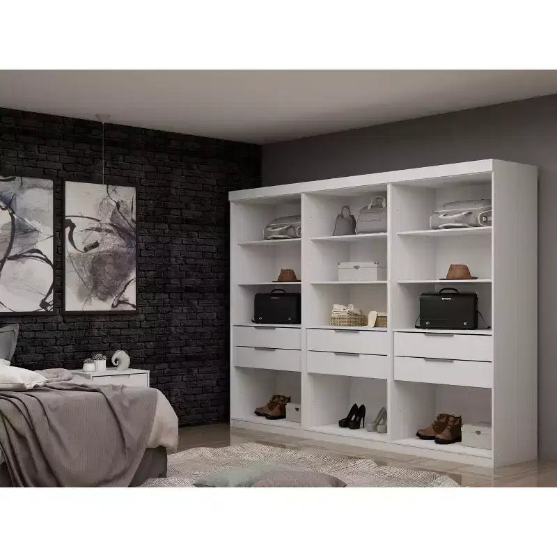 Lot de 3 placards Manhattan Comfort Mulberry Open 3 sections blanc : composite MDF, 12 étagères, 6 tiroirs