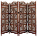 Benzara Traditional Four Panel Wooden Room Divider with Hand Carved Details Antique Brown