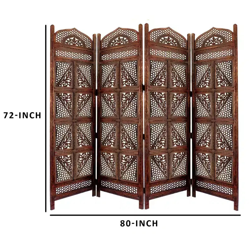 Séparateur de pièce traditionnel à quatre panneaux en bois Benzara avec détails sculptés à la main, brun antique