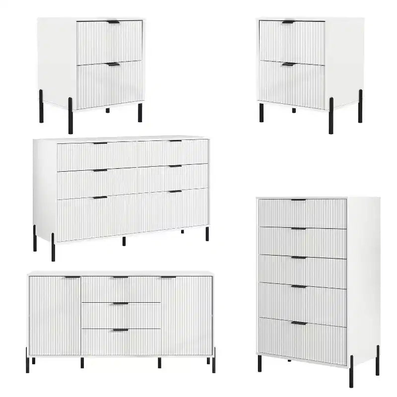 Festivo 5pc Modern Elegance Bedremm Chest and 2 Dressers and 2 Drawer Nightstands Set Off-White