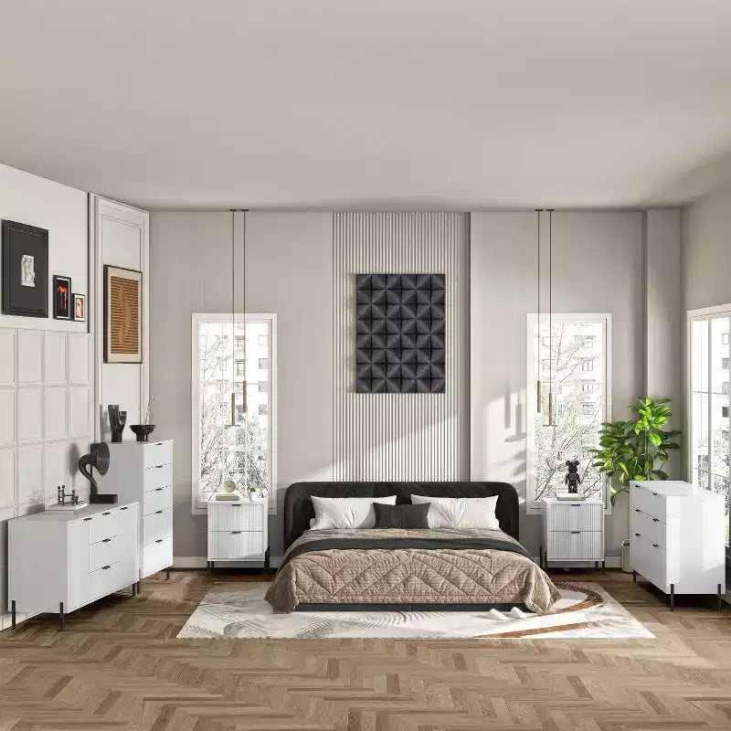 Ensemble de 5 meubles de chambre Festivo élégance moderne : commode, 2 commodes et 2 tables de chevet à tiroirs, blanc cassé