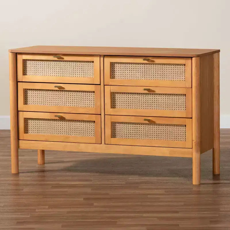 Commode à 6 tiroirs en bois Jenn Baxton Studio avec rotin finition vieillie marron doré/rotin vieilli