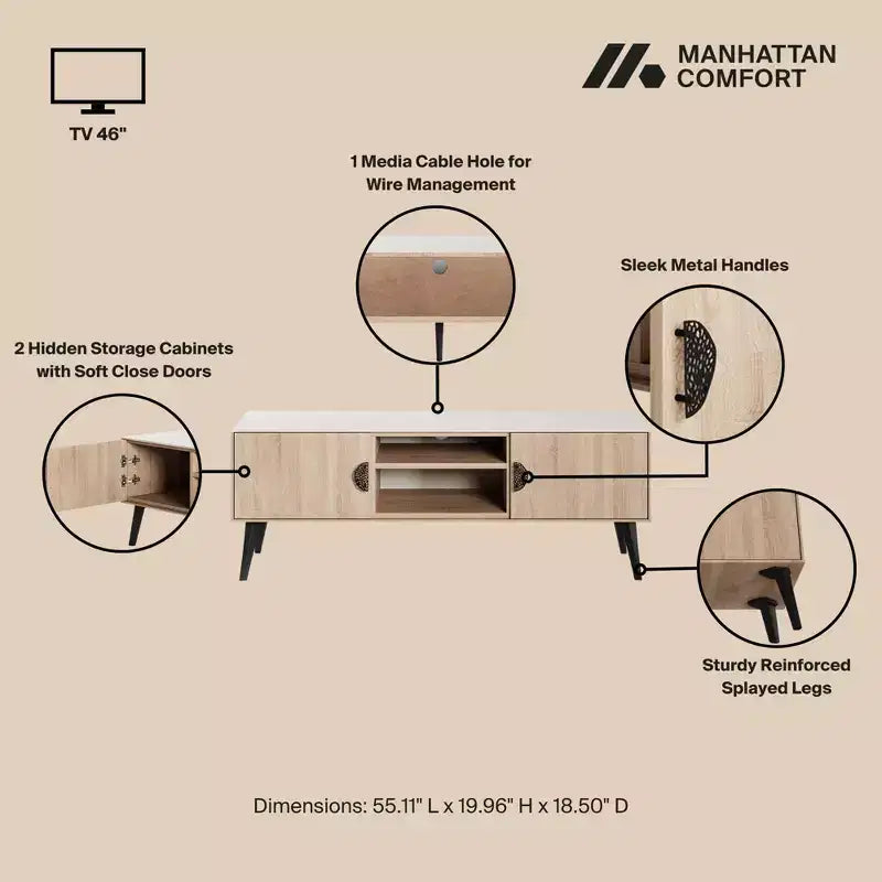 Meuble TV Haley de 140 cm de Manhattan Comfort pour téléviseurs jusqu'à 46 pouces, couleur naturel/beige