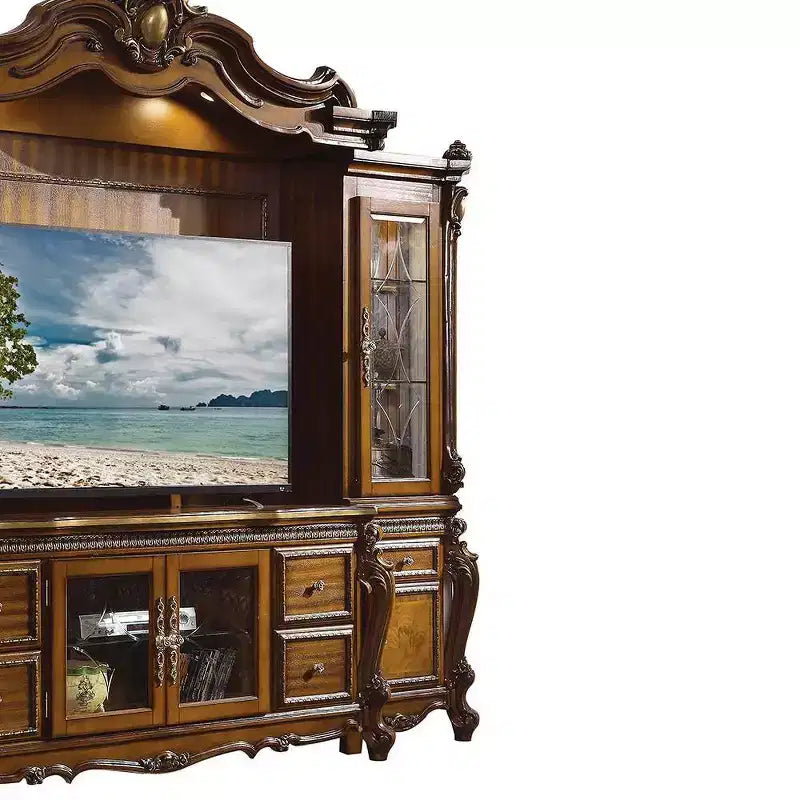 Meubles TV Picardie 115" Chêne Miel - Acme Furniture : Élegants pieds Queen Anne, portes vitrées biseautées, éclairage tactile