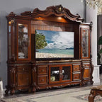 Meubles TV Picardie 115" Chêne Miel - Acme Furniture : Élegants pieds Queen Anne, portes vitrées biseautées, éclairage tactile