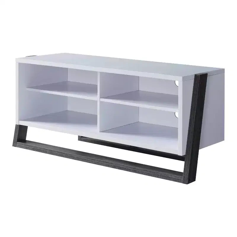 Petit meuble TV Etteridge pour téléviseurs jusqu'à 56 po gris – miBasics : style transitionnel, finition deux tons, tablettes ouvertes et réglables