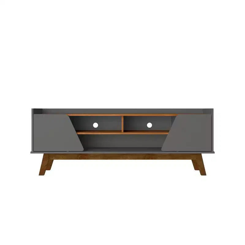 Marcus Mid-Century Modern 5 Shelf TV Stand for TVs up to 65": Solid Pine Legs, Cable Management - Manhattan Comfort