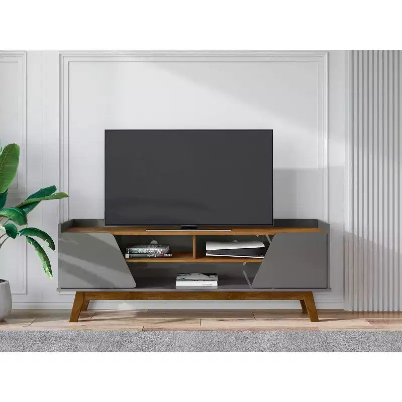 Meuble TV Marcus Mid-Century Modern à 5 étagères pour téléviseurs jusqu'à 65 po : pieds en pin massif, gestion des câbles - Manhattan Comfort
