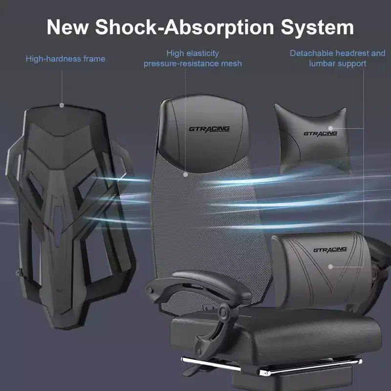 Chaise de jeu GTRACING, chaise d'ordinateur en maille, inclinable ergonomique avec repose-pieds noir