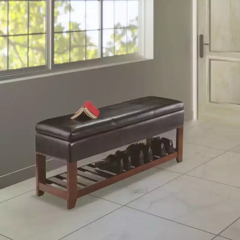 Monza Bench with Storage Chest and Shoe Rack, Faux Leather Cushion - Winsome
