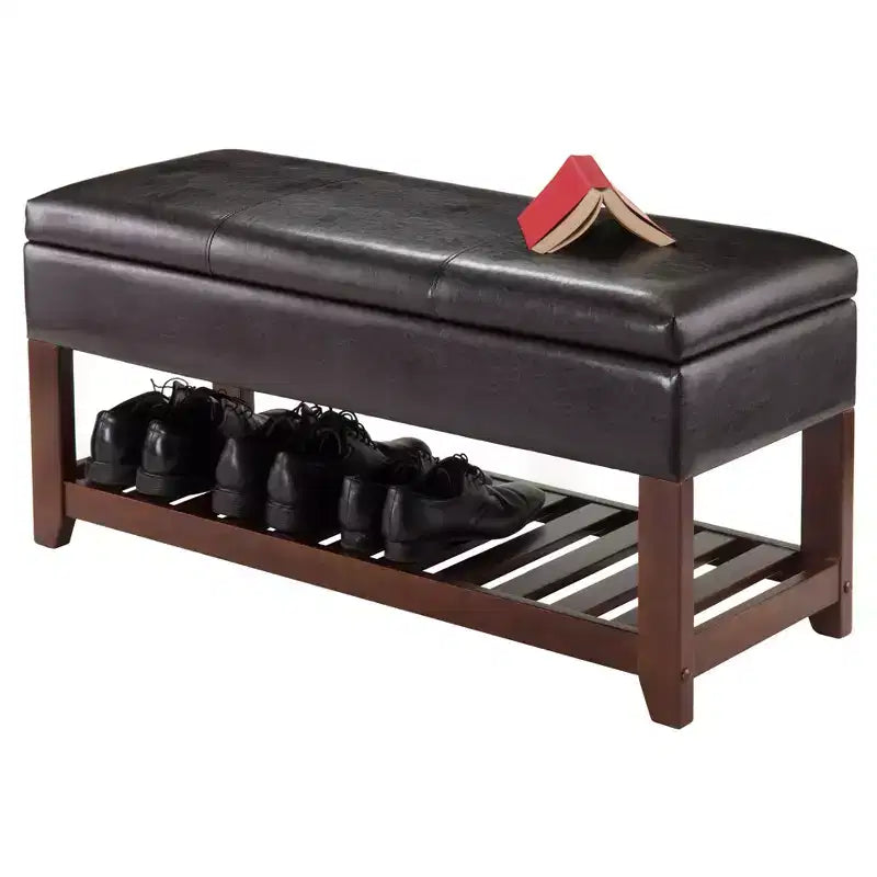 Banc Monza avec coffre de rangement et étagère à chaussures, coussin en similicuir - Winsome