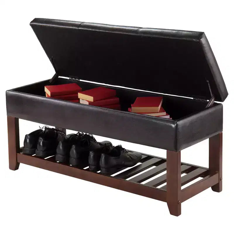 Banc Monza avec coffre de rangement et étagère à chaussures, coussin en similicuir - Winsome