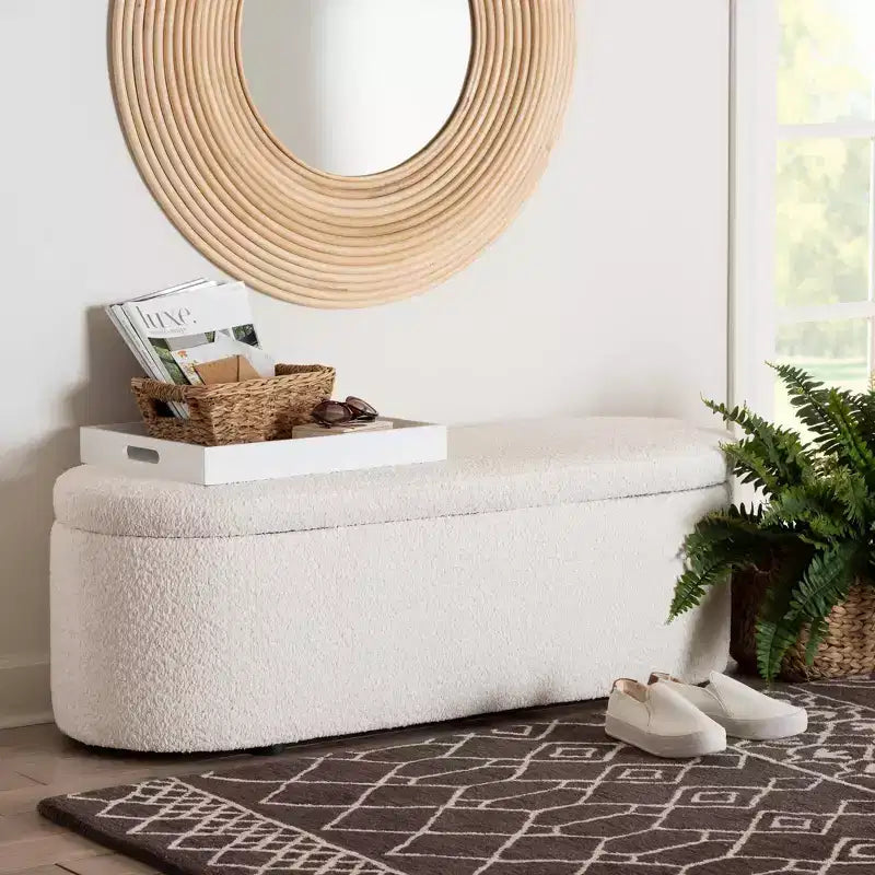 Baxton Studio Lavina Teddy Bear Fabric Storage Bench White: Oval Upholstered Ottoman, No Assembly Required
