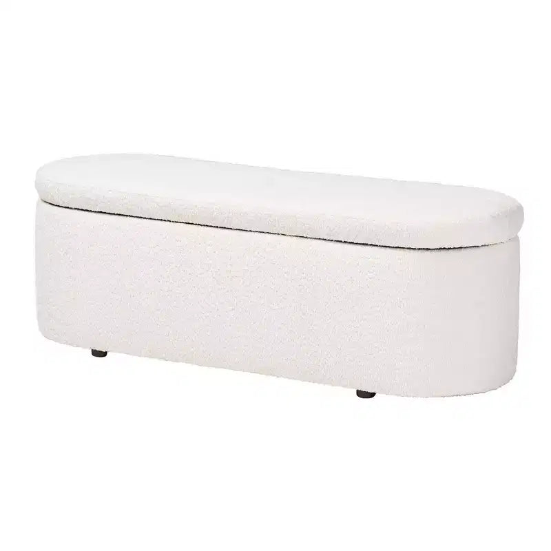 Baxton Studio Lavina Banc de rangement en tissu ourson blanc : pouf ovale rembourré, aucun assemblage requis