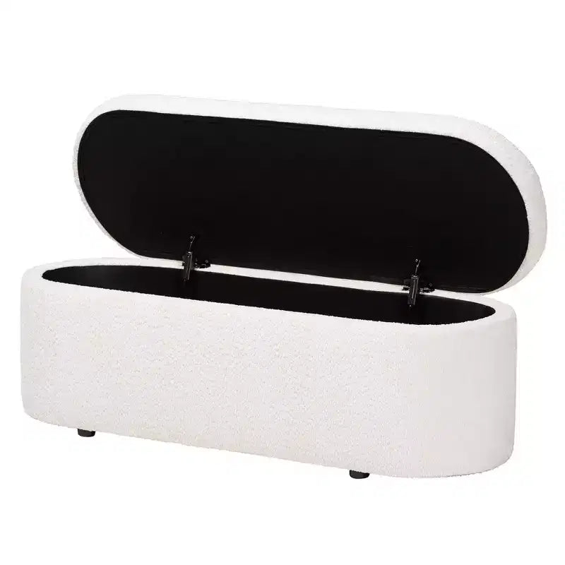 Baxton Studio Lavina Banc de rangement en tissu ourson blanc : pouf ovale rembourré, aucun assemblage requis