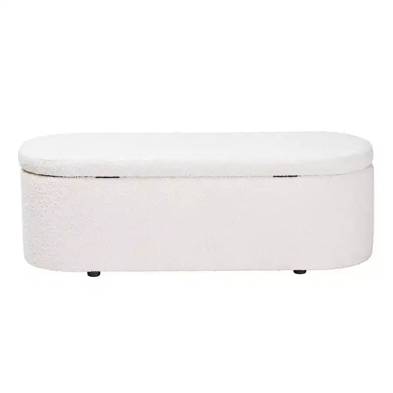 Baxton Studio Lavina Banc de rangement en tissu ourson blanc : pouf ovale rembourré, aucun assemblage requis