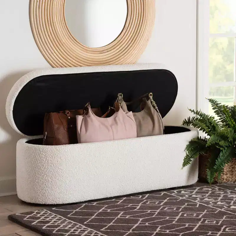 Baxton Studio Lavina Banc de rangement en tissu ourson blanc : pouf ovale rembourré, aucun assemblage requis
