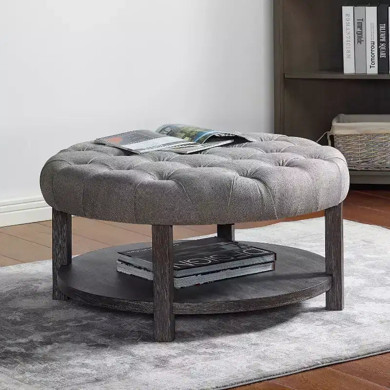 Julla Round Button Tufted Storage Ottoman Antique Washed Gray/Light Gray - HOMES: Inside + Out