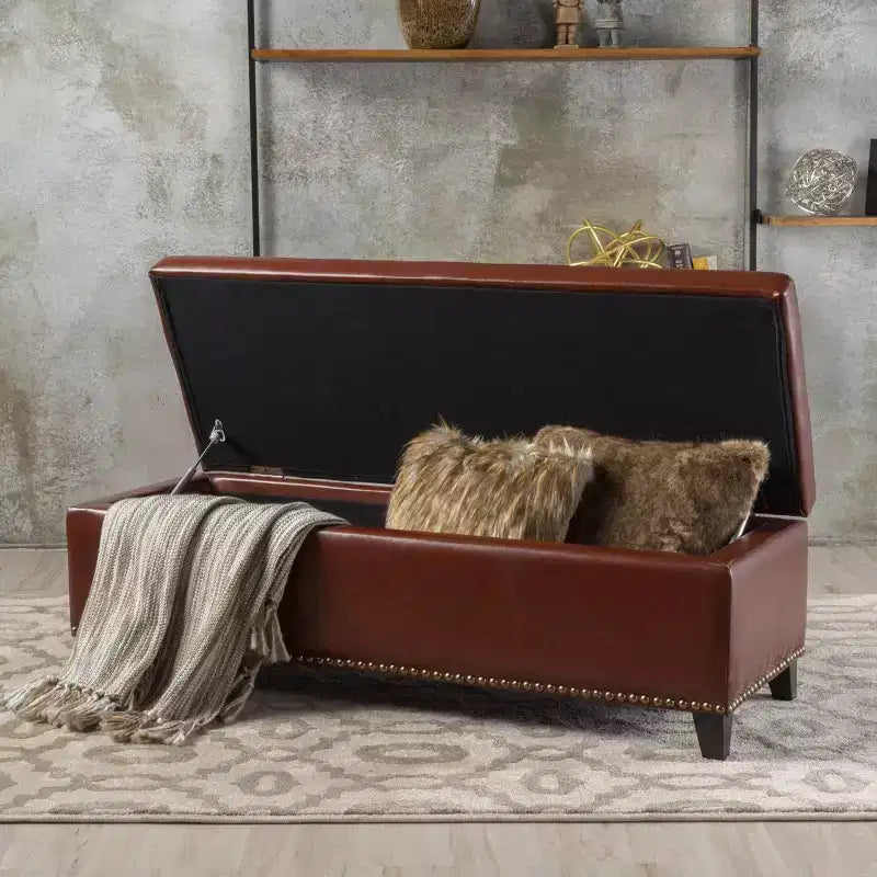 Pouffe de rangement en cuir reconstitué marron Gavin - Christopher Knight Home