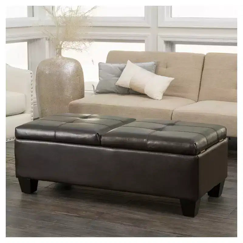 Pouffe de rangement en cuir Merrill Double Opening - Marron chocolat - Christopher Knight Home