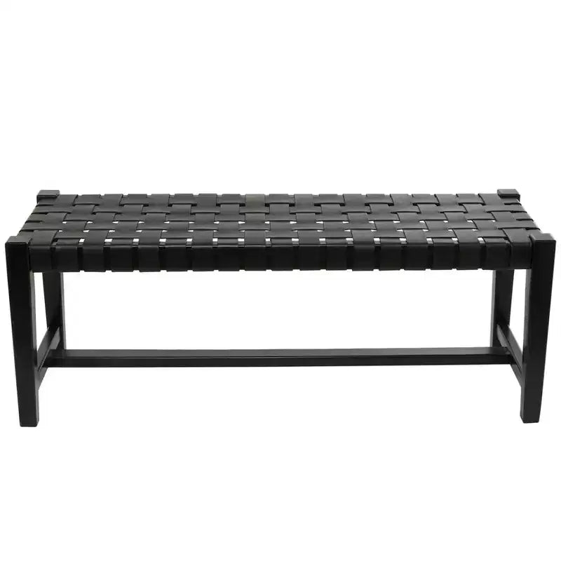 Banc tissé en cuir noir moderne - Olivia & May : Structure en teck faite à la main, finition polie, rembourré, siège d'entrée