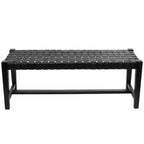 Banc tissé en cuir noir moderne - Olivia & May : Structure en teck faite à la main, finition polie, rembourré, siège d'entrée