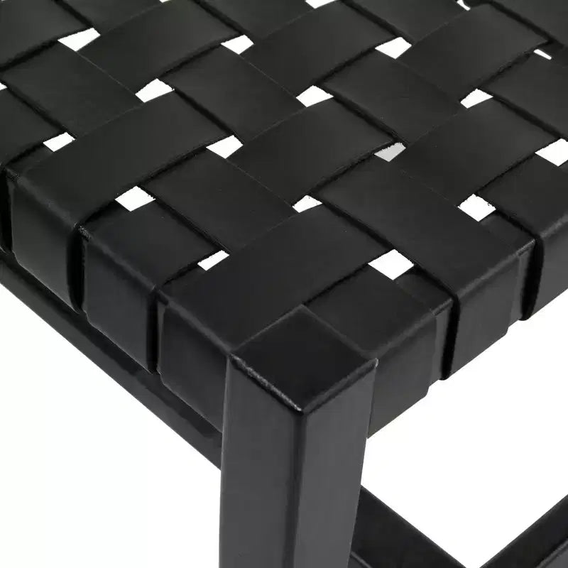 Banc tissé en cuir noir moderne - Olivia & May : Structure en teck faite à la main, finition polie, rembourré, siège d'entrée