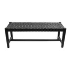 Banc tissé en cuir noir moderne - Olivia & May : Structure en teck faite à la main, finition polie, rembourré, siège d'entrée