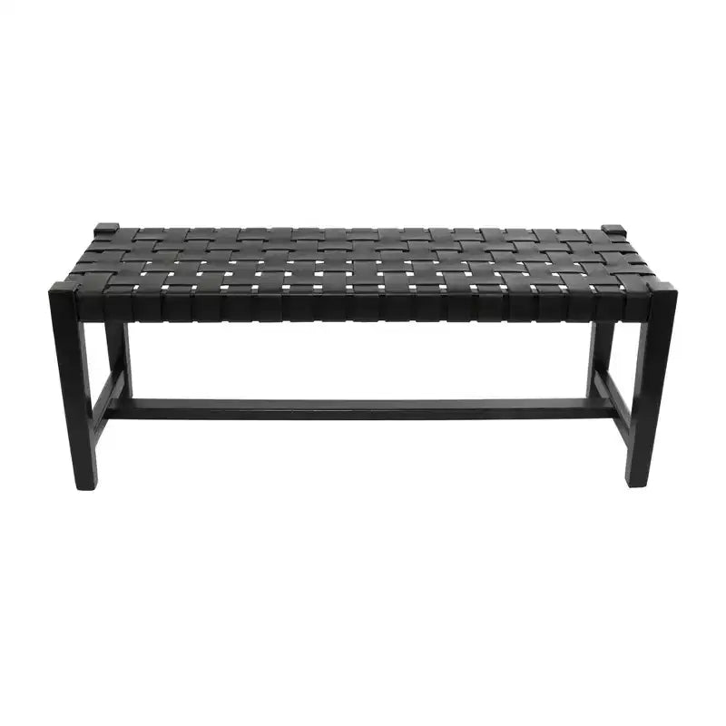 Banc tissé en cuir noir moderne - Olivia & May : Structure en teck faite à la main, finition polie, rembourré, siège d'entrée