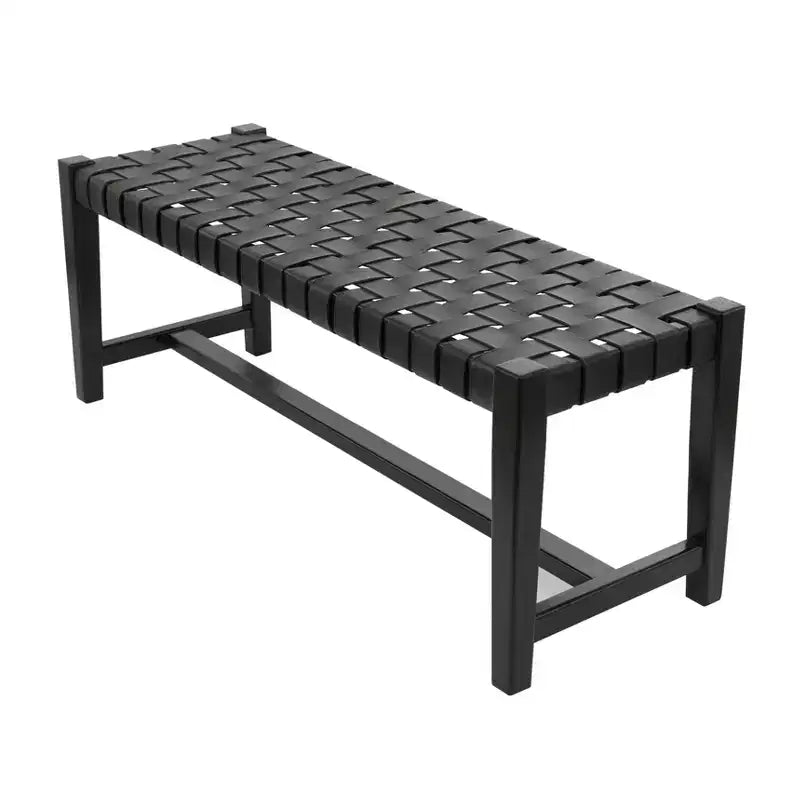 Banc tissé en cuir noir moderne - Olivia & May : Structure en teck faite à la main, finition polie, rembourré, siège d'entrée