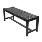 Banc tissé en cuir noir moderne - Olivia & May : Structure en teck faite à la main, finition polie, rembourré, siège d'entrée